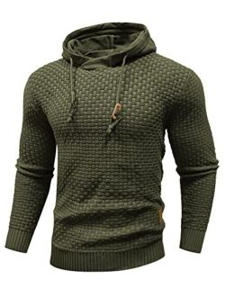 Zaitun Mens Hooded Sweatshirt Long Sleeve Solid Knitted Hoodie Pullover Sweater