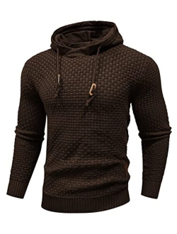 Zaitun Mens Hooded Sweatshirt Long Sleeve Solid Knitted Hoodie Pullover Sweater