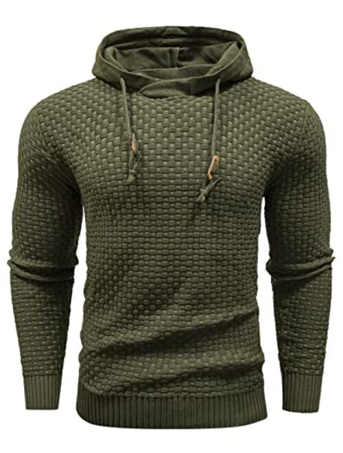 Zaitun Mens Hooded Sweatshirt Long Sleeve Solid Knitted Hoodie Pullover Sweater