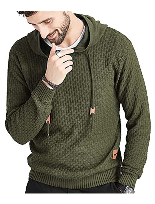 Zaitun Mens Hooded Sweatshirt Long Sleeve Solid Knitted Hoodie Pullover Sweater