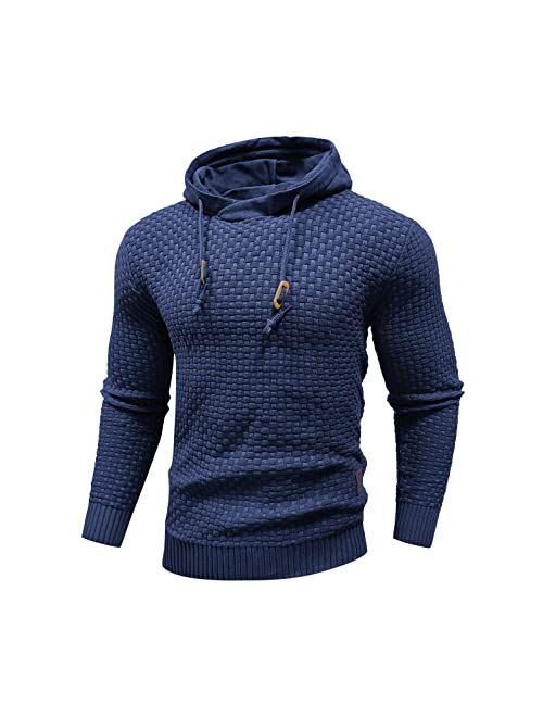 Zaitun Mens Hooded Sweatshirt Long Sleeve Solid Knitted Hoodie Pullover Sweater