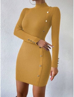 Priv Mock Neck Button Detail Ribbed Knit Bodycon Sweater Dress