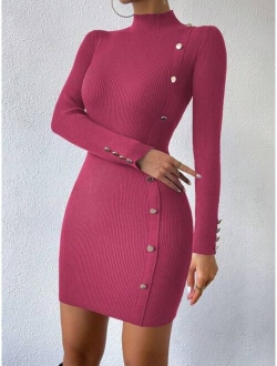 Priv Mock Neck Button Detail Ribbed Knit Bodycon Sweater Dress