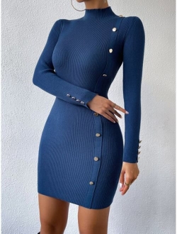 Priv Mock Neck Button Detail Ribbed Knit Bodycon Sweater Dress