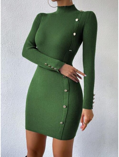 SHEIN Priv Mock Neck Button Detail Ribbed Knit Bodycon Sweater Dress