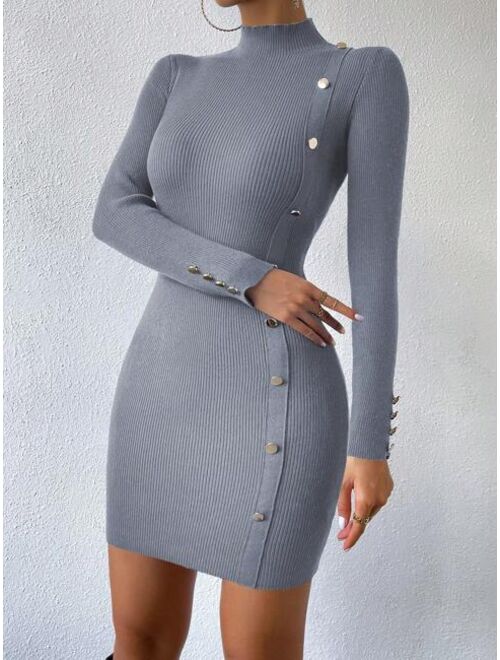 SHEIN Priv Mock Neck Button Detail Ribbed Knit Bodycon Sweater Dress