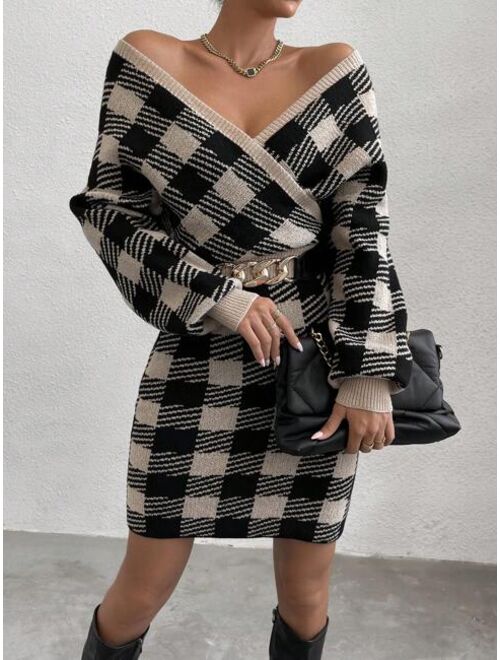 SHEIN Priv Buffalo Plaid Pattern Surplice Neck Sweater Dress Without Belt