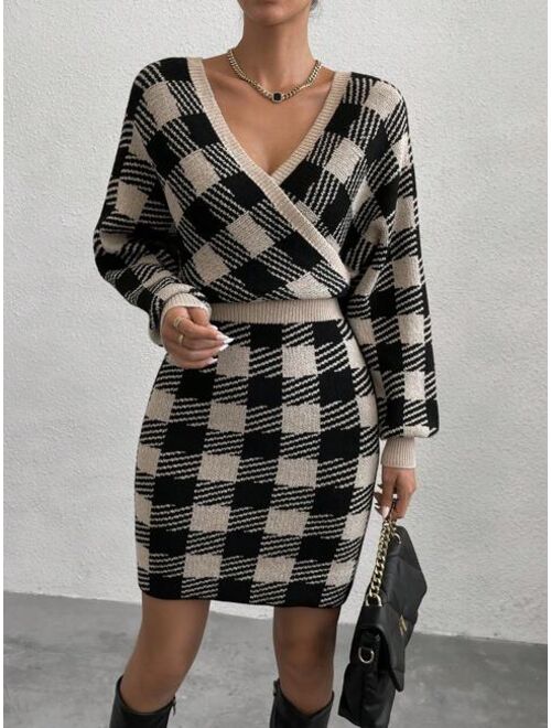 SHEIN Priv Buffalo Plaid Pattern Surplice Neck Sweater Dress Without Belt