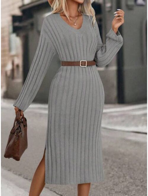 SHEIN Essnce Drop Shoulder Split Thigh Sweater Dress Without Belt