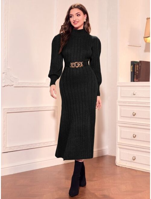 SHEIN Modely Stand Neck Ribbed Knit Lantern Sleeve Sweater Dress Without Belt