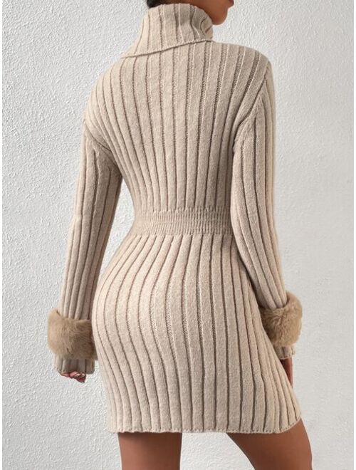 SHEIN Priv Turtleneck Ribbed Knit Sweater Dress Without Belt