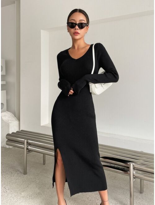 DAZY Ribbed Knit Split Thigh Sweater Dress