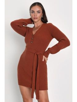 Cozy Charmer Rust Brown Long Sleeve Mini Sweater Dress