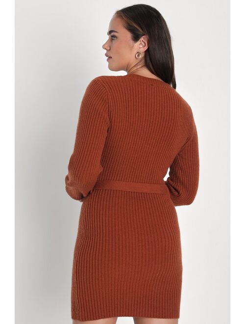 Lulus Cozy Charmer Rust Brown Long Sleeve Mini Sweater Dress