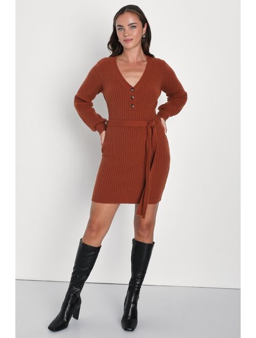 Lulus Cozy Charmer Rust Brown Long Sleeve Mini Sweater Dress