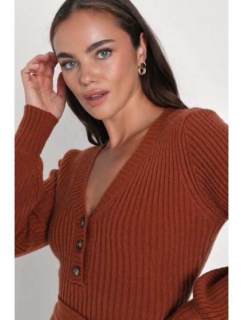 Lulus Cozy Charmer Rust Brown Long Sleeve Mini Sweater Dress