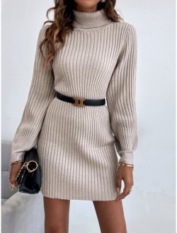 Turtleneck Drop Shoulder Sweater Dress Without Belt