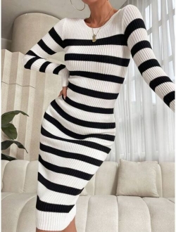 Essnce Striped Pattern Bodycon Sweater Dress