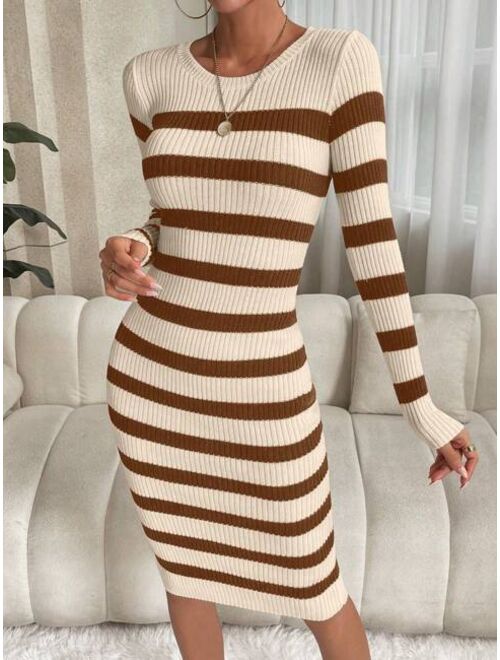 SHEIN Essnce Striped Pattern Bodycon Sweater Dress