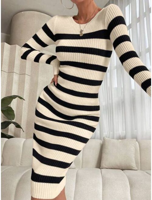 SHEIN Essnce Striped Pattern Bodycon Sweater Dress