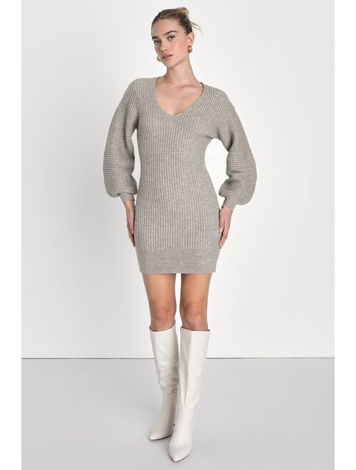 Lulus Noteworthy Vibe Heather Grey Balloon Sleeve Mini Sweater Dress