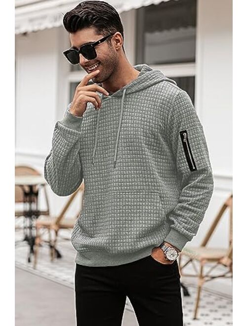 JMIERR Men's Waffle Knit Hooded Sweatshirt Casual Long Sleeve Drawstring Pullover Hoodies with Zipper Pockets