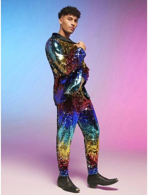 Shein Manfinity Fever City Men Lapel Collar Sequin Blazer & Pants Set