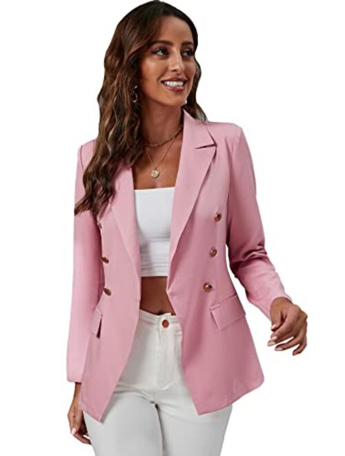 MakeMeChic Women's Lapel Collar Long Sleeve Double Button Work Office Blazer Jackets