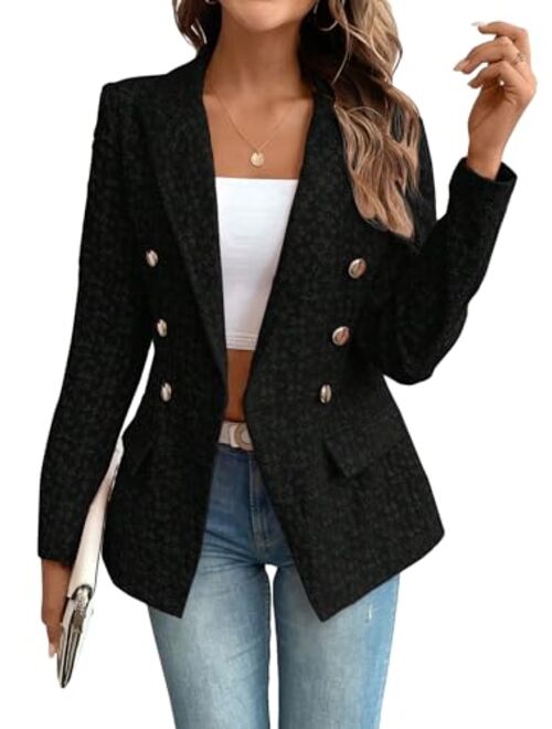 MakeMeChic Women's Lapel Collar Long Sleeve Double Button Work Office Blazer Jackets