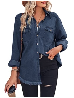 Zilcremo Women Denim Shirt Chambray Collared Jean Shirts Long Sleeve Pocket Button Down Blouses