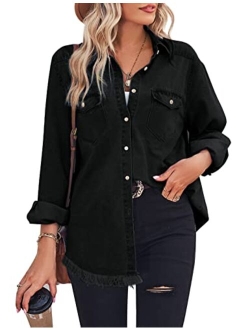 Zilcremo Women Denim Shirt Chambray Collared Jean Shirts Long Sleeve Pocket Button Down Blouses