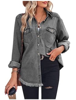 Zilcremo Women Denim Shirt Chambray Collared Jean Shirts Long Sleeve Pocket Button Down Blouses