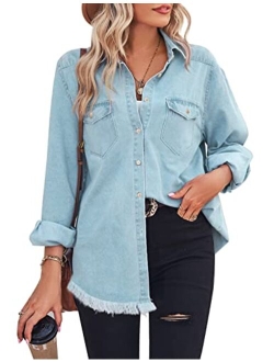 Zilcremo Women Denim Shirt Chambray Collared Jean Shirts Long Sleeve Pocket Button Down Blouses