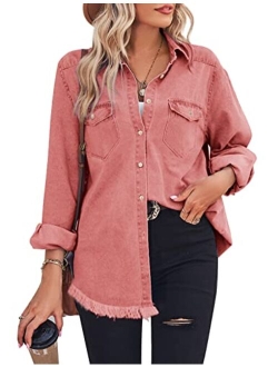 Zilcremo Women Denim Shirt Chambray Collared Jean Shirts Long Sleeve Pocket Button Down Blouses