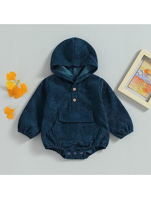 Karuedoo Baby Boy Girl Hoodie Sweatshirt Romper Oversized Corduroy Long Sleeve Hooded Onesie Outfit Fall Winter Clothes