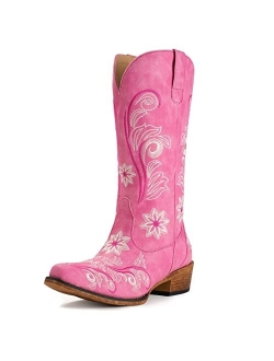 IUV Cowboy Boots For Women Mid Calf Western Boots Cowgirl Pull-On Tabs Pointy Toe Boot