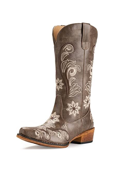 IUV Cowboy Boots For Women Mid Calf Western Boots Cowgirl Pull-On Tabs Pointy Toe Boot