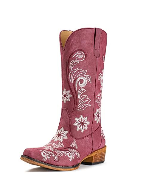 IUV Cowboy Boots For Women Mid Calf Western Boots Cowgirl Pull-On Tabs Pointy Toe Boot