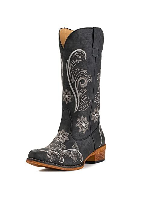 IUV Cowboy Boots For Women Mid Calf Western Boots Cowgirl Pull-On Tabs Pointy Toe Boot