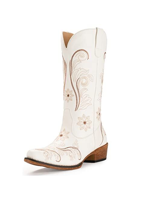 IUV Cowboy Boots For Women Mid Calf Western Boots Cowgirl Pull-On Tabs Pointy Toe Boot