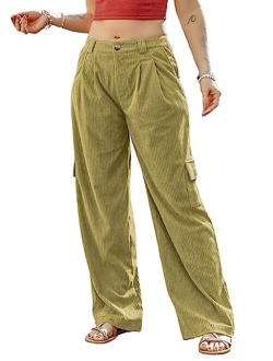 Corduroy Cargo Pants 4 Pockets Casual High Waisted Straight Leg Pants Baggy Comfy Trousers