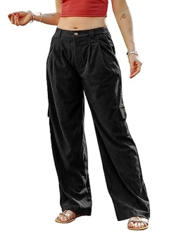 Corduroy Cargo Pants 4 Pockets Casual High Waisted Straight Leg Pants Baggy Comfy Trousers