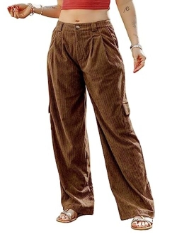 Corduroy Cargo Pants 4 Pockets Casual High Waisted Straight Leg Pants Baggy Comfy Trousers
