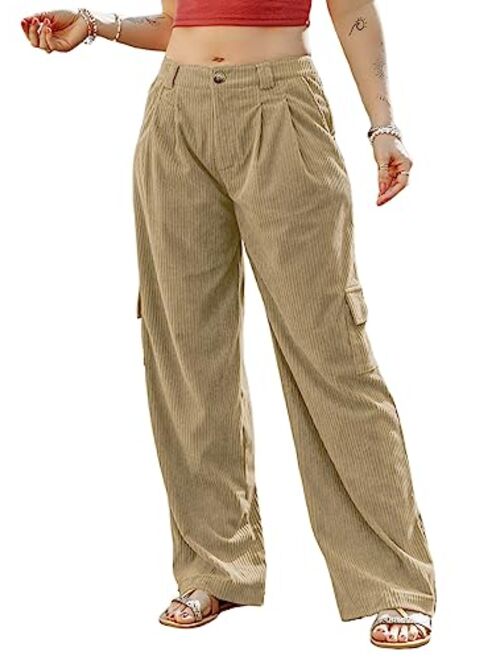 Dokotoo Corduroy Cargo Pants 4 Pockets Casual High Waisted Straight Leg Pants Baggy Comfy Trousers