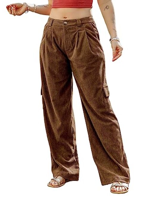 Dokotoo Corduroy Cargo Pants 4 Pockets Casual High Waisted Straight Leg Pants Baggy Comfy Trousers