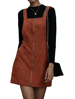 Women's Zip Up Pocketed A Line Pinafore Corduroy Overall Dress