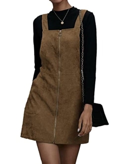 Women's Zip Up Pocketed A Line Pinafore Corduroy Overall Dress