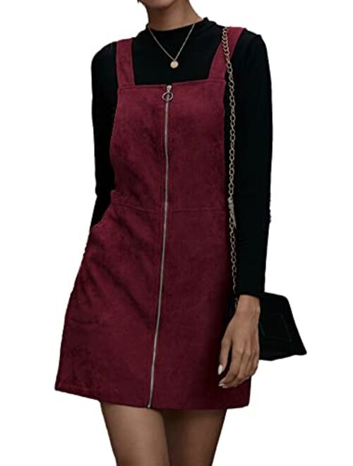 Verdusa Women's Zip Up Pocketed A Line Pinafore Corduroy Overall Dress