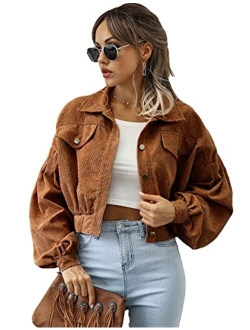 Qiaomai Womens Cropped Corduroy Jacket Loose Button Down Puff Sleeve Shacket Coat