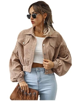 Qiaomai Womens Cropped Corduroy Jacket Loose Button Down Puff Sleeve Shacket Coat